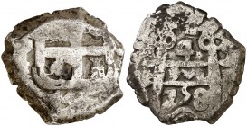 1758. Fernando VI. Potosí. (q). 4 reales. (Cal. 449). 13,23 g. Doble fecha. Escasa. BC+.