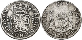 1763. Carlos III. Lima. JM. 2 reales. (Cal. 1257). 6,69 g. Columnario. Limpiada. Raya. Escasa. (MBC-).