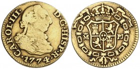 1774. Carlos III. Madrid. PJ. 1/2 escudo. (Cal. 768). 1,64 g. Sirvió como joya. (MBC-).