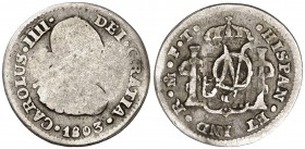 (De Mey 898) (Kr. 271.1). 1,50 g. Resello: monograma del General Jose Francisco Osorno sobre 1/2 real de México 1803 FT. Rara. (BC-).