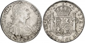 1799. Carlos IV. Lima. IJ. 8 reales. (Cal. 654). 27,10 g. Pequeñas incrustaciones. (MBC+).