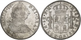 1789. Carlos IV. México. FM. 8 reales. (Cal. 681). 27 g. Busto de Carlos III. Ordinal IV. Fecha poco visible. MBC+/EBC-.