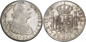 1791. Carlos IV. México. FM. 8 reales. (Cal. 684). 26,91 g. Primer año de busto propio. Golpecitos. Bonita pátina. MBC+.