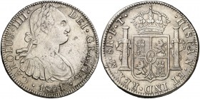 1801. Carlos IV. México. FT. 8 reales. (Cal. 697 var). 26,69 g. Golpecitos. Plata agria. (MBC-/MBC+).