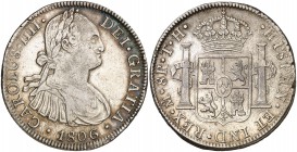 1806. Carlos IV. México. TH. 8 reales. (Cal. 705). 26,85 g. Leves hojitas. Bonito color. MBC/MBC+.