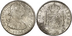 1803. Carlos IV. Potosí. PJ. 8 reales. (Cal. 726). 27,17 g. Manchita en reverso. MBC+.