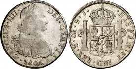 1805. Carlos IV. Potosí. PJ. 8 reales. (Cal. 729). 27 g. Rayitas. MBC/MBC+.