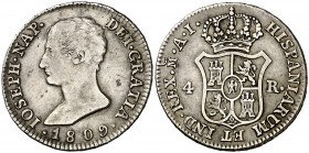 1809. José Napoleón. Madrid. AI. 4 reales. (Cal. 53). 5,85 g. Escasa. MBC-/MBC.