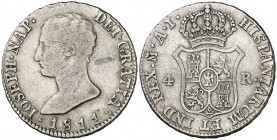1811. José Napoleón. Madrid. AI. 4 reales. (Cal. 55). 5,90 g. Escasa. MBC-.