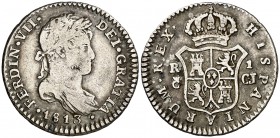 1813. Fernando VII. Cádiz. CJ. 1 real. (Cal. 1088). 2,97 g. Muy escasa. MBC-/MBC.