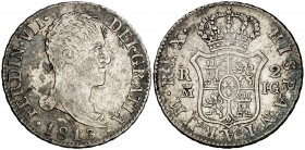 1813. Fernando VII. Madrid. IG. 2 reales. (Cal. 913). 5,68 g. Busto desnudo. Rara. MBC-.