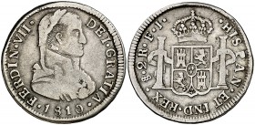 1810. Fernando VII. Santiago. FJ. 2 reales. (Cal. 1016). 6,73 g. Busto almirante. Escasa. BC+.