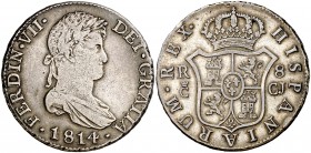 1814. Fernando VII. Cadiz. CJ. 8 reales. (Cal. 376). 26,64 g. Golpecito en canto. Escasa. MBC-/MBC.