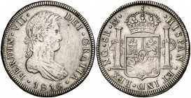 1816. Fernando VII. Guatemala. M. 8 reales. (Cal. 464). 26,62 g. Leves impurezas y rayitas. Escasa. MBC-/MBC.