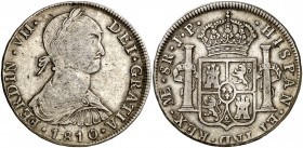 1810. Fernando VII. Lima. JP. 8 reales. (Cal. 475). 27,01 g. Busto indigena. Escasa. MBC-.