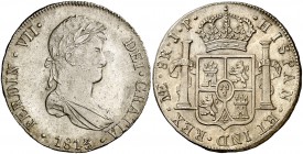1813. Fernando VII. Lima. JP. 8 reales. (Cal. 480). 26,62 g. Plata ligeramente agria. Buen ejemplar. MBC+/EBC-.
