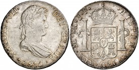 1815. Fernando VII. Lima. JP. 8 reales. (Cal. 483). 27,34 g. Leves rayitas. Preciosa pátina. EBC-/EBC.