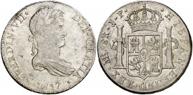 1817. Fernando VII. Lima. JP. 8 reales. (Cal. 485). 26,93 g. Acuñación empastada. Parte de brillo original. (MBC+/EBC-).