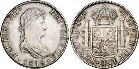 1818. Fernando VII. México. JJ. 8 reales. (Cal. 561). 26,87 g. Defecto de acuñación en canto. Escasa. MBC+.