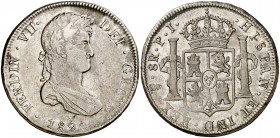 1820. Fernando VII. Potosí. PJ. 8 reales. (Cal. 609). 26,76 g. Parte de brillo oriignal. MBC+/EBC-.