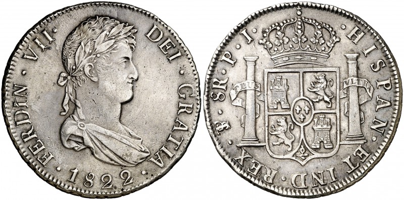 1822. Fernando VII. Potosí. PJ. 8 reales. (Cal. 611). 26,93 g. Leves rayitas. MB...