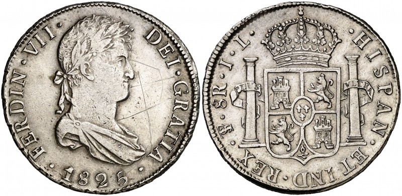 1825. Fernando VII. Potosí. JL. 8 reales. (Cal. 618). 26,93 g. Limpiada y rayas....