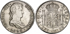 1825. Fernando VII. Potosí. JL. 8 reales. (Cal. 618). 26,93 g. Limpiada y rayas. (MBC+).