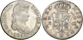 1815. Fernando VII. Sevilla. CJ. 8 reales. (Cal. 639). 27,13 g. Rayitas. Escasa. MBC-.
