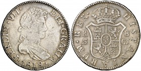 1818. Fernando VII. Sevilla. CJ. 8 reales. (Cal. 642). 26,90 g. Bonita pátina. Escasa. MBC-.