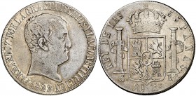 1822. Fernando VII. Sevilla. RD. 20 reales. (Cal. 645). 27,01 g. Tipo cabezón. Escasa. MBC-.