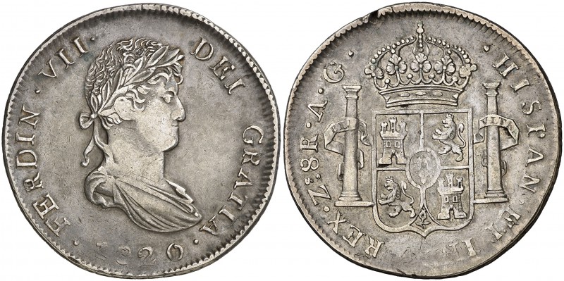 1820. Fernando VII. Zacatecas. AG. 8 reales. (Cal. 695). 26,59 g. Golpe en canto...