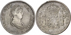 1820. Fernando VII. Zacatecas. AG. 8 reales. (Cal. 695). 26,59 g. Golpe en canto. MBC.