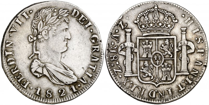 1821. Fernando VII. Zacatecas. AZ. 8 reales. (Cal. 699). 26,87 g. Golpecitos. MB...