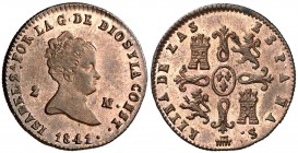 1841. Isabel II. Segovia. 2 maravedís. (Cal. 552). 2,47 g. Bella. Brillo original. S/C-.