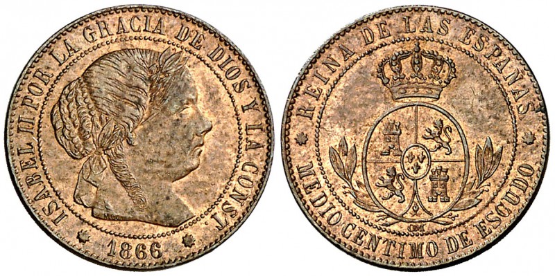 1866. Isabel II. Barcelona. OM. 1/2 céntimo de escudo. (Cal. 669). 1,20 g. EBC/E...
