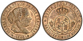 1866. Isabel II. Barcelona. OM. 1/2 céntimo de escudo. (Cal. 669). 1,20 g. EBC/EBC+.