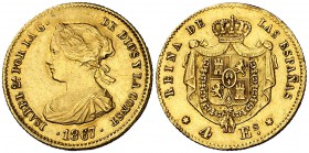 1867. Isabel II. Madrid. 4 escudos. (Cal. 111). 3,34 g. Leves golpecitos. EBC-.