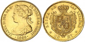 1868*1868. Isabel II. Madrid. 10 escudos. (Cal. 47). 8,39 g. Leves golpecitos y rayita. Bonito color. EBC/EBC+.