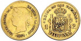 1861. Isabel II. Manila. 1 peso. (Cal. 142). 1,68 g. Algo alabeada. MBC-/MBC.