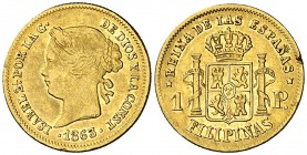 1863. Isabel II. Manila. 1 peso. (Cal. 144). 1,69 g. Limadura en canto. Parte de brillo original. MBC/MBC+.