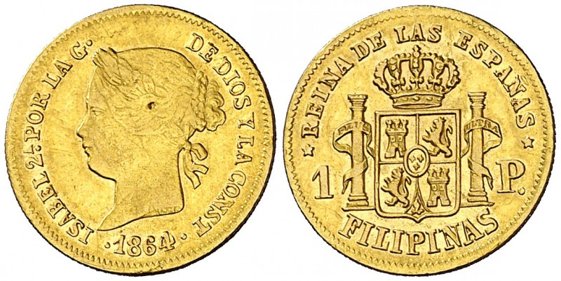 1864. Isabel II. Manila. 1 peso. (Cal. 146). 1,69 g. Golpecito. Parte de brillo ...