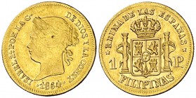 1864. Isabel II. Manila. 1 peso. (Cal. 146). 1,69 g. Golpecito. Parte de brillo original. MBC-/MBC+.