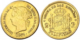 1862. Isabel II. Manila. 2 pesos. (Cal. 134). 3,35 g. MBC-.