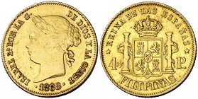 1868. Isabel II. Manila. 4 pesos. (Cal. 132). 6,72 g. Golpecitos. MBC/MBC+.