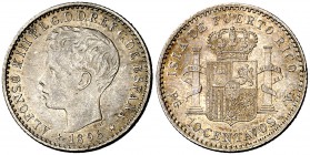 1896. Alfonso XIII. Puerto Rico. PGV. 10 centavos. (Cal. 85). 2,51 g. Pátina. MBC+.