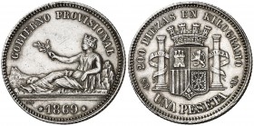 1869. Gobierno Provisional. SNM. 1 peseta. (Cal. 14). 5,05 g. Leyenda: GOBIERNO PROVISIONAL. MBC+.