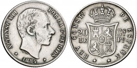 1884. Alfonso XII. Manila. 20 centavos. (Cal. 91). 5,08 g. Escasa. MBC-.