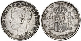1895. Alfonso XII. Puerto Rico. PGV. 20 centavos. (Cal. 84). 5 g. MBC.