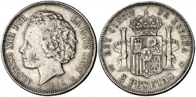 1894*1894. Alfonso XIII. PGV. 2 pesetas. (Cal. 33). 9,93 g. Escasa. MBC-/MBC.