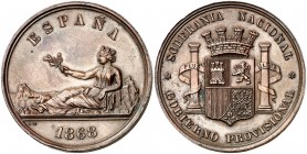 1868. Gobierno Provisional. Medalla que sirvió de prueba para el duro de 1869. (V.Q. 14374). 24,73 g. 36 mm. Bronce. Grabador: L.M (Luis Marchionni). ...